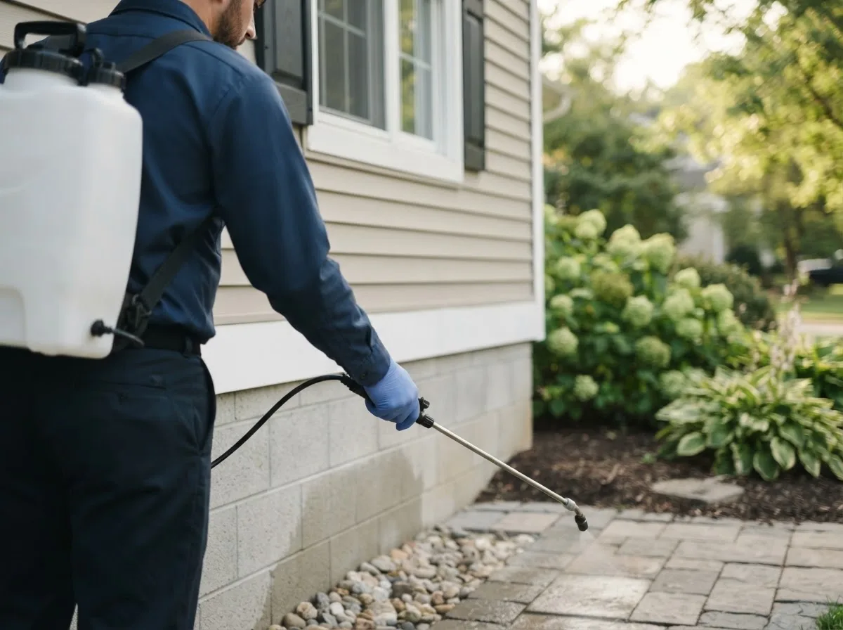 Pest control technician inspecting a home in Elsmere, NE